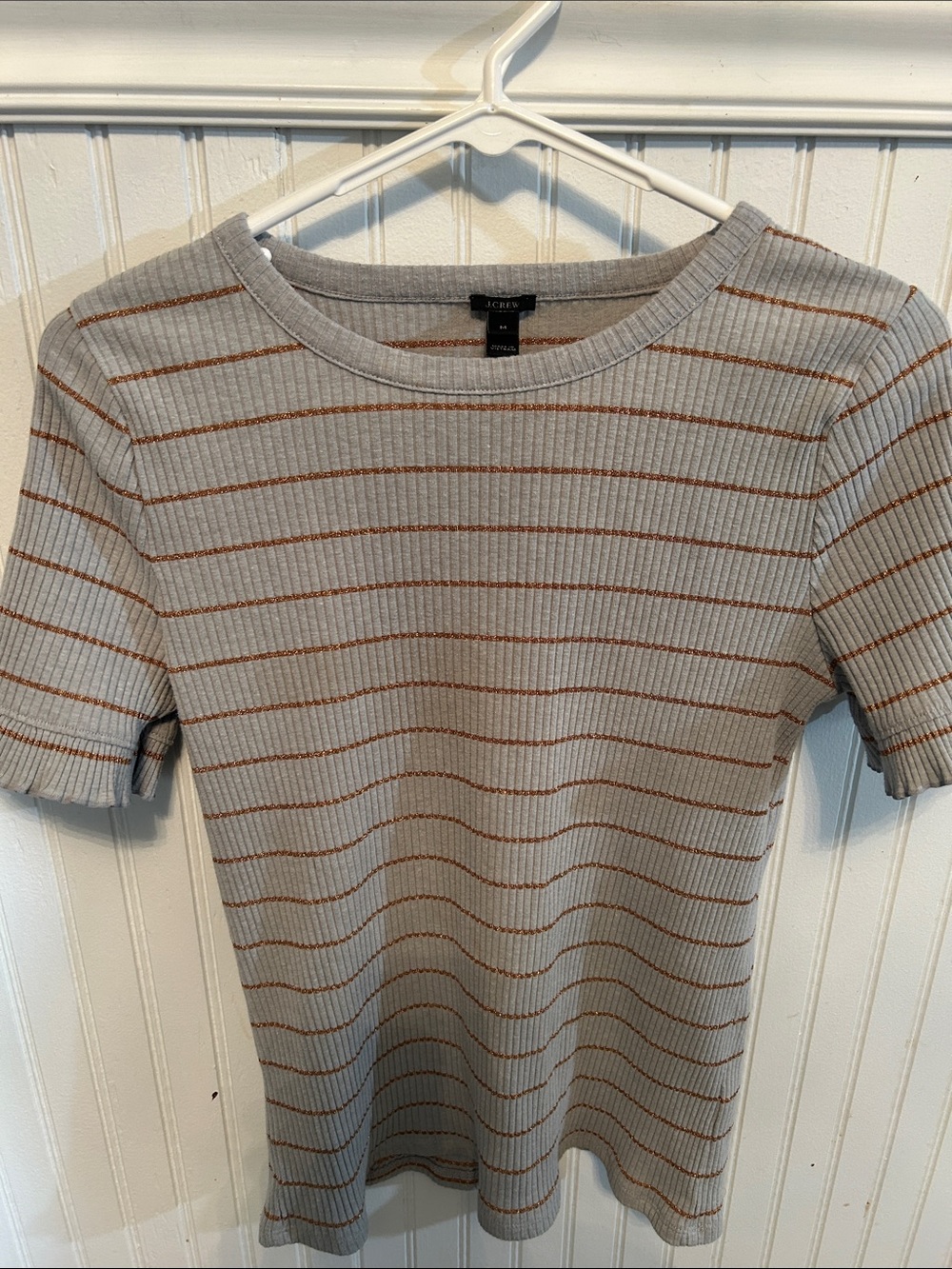 J. Crew Light Gray Ribbed Short-Sleeve Top with Tan Stripes Qq